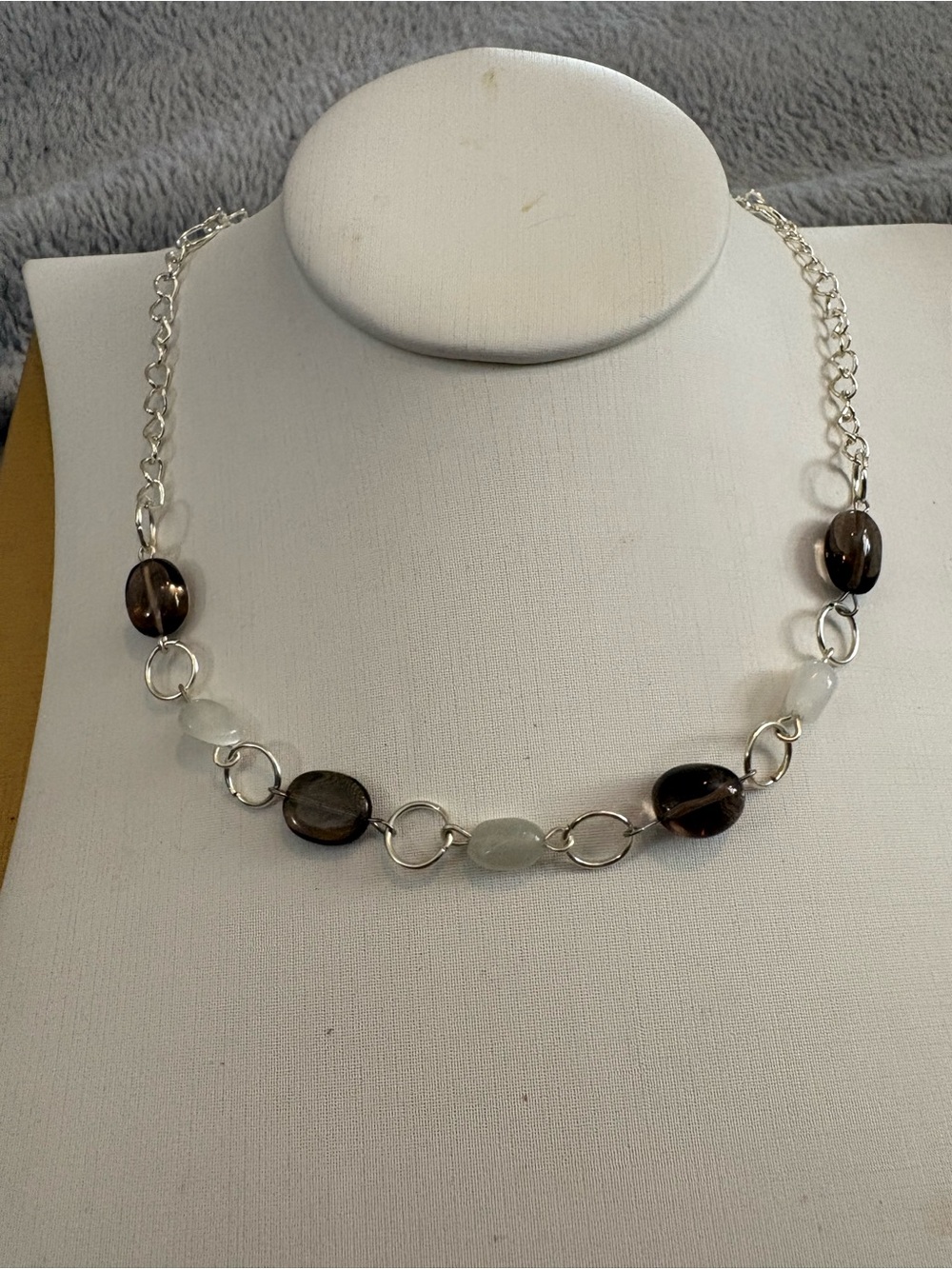 Silver Chain Necklace with Smoky quartz and moonstone Beads